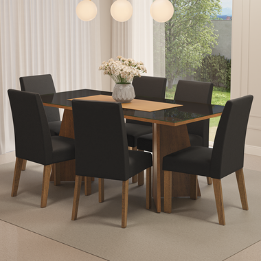 Juego de Comedor Valerie con 6 Sillas - Tablero de Madera y Cristal Marrón/Negro/Oxford