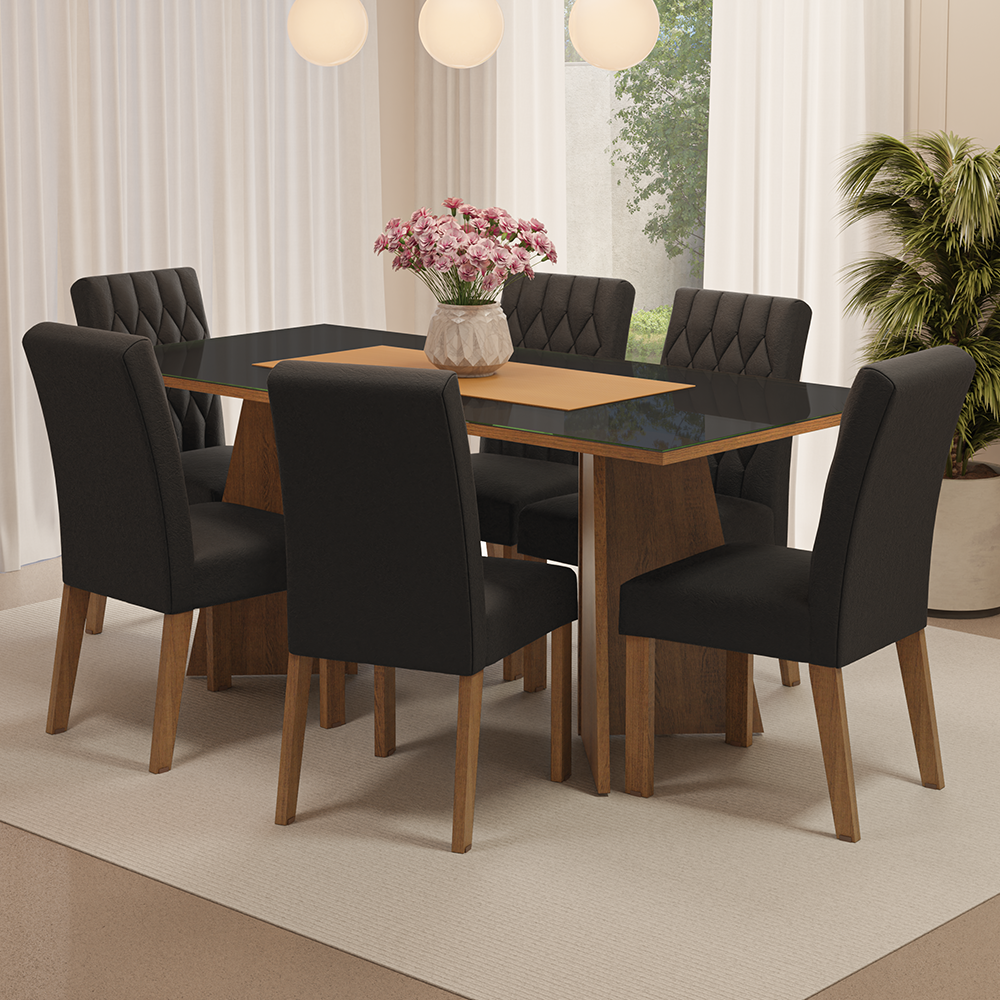 Juego de Comedor Marissa con 6 Sillas - Tablero de Madera y Cristal Marrón/Negro/Oxford