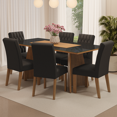 Juego de Comedor Marissa con 6 Sillas - Tablero de Madera y Cristal Marrón/Negro/Oxford