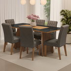 Juego de Comedor Marissa con 6 Sillas - Tablero de Madera y Cristal Marrón/Negro/Plateado