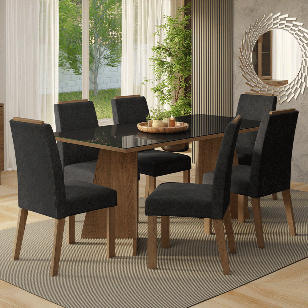 Juego de Comedor Amalfi con 6 Sillas - Tablero de Madera y Cristal Marrón/Negro/Oxford