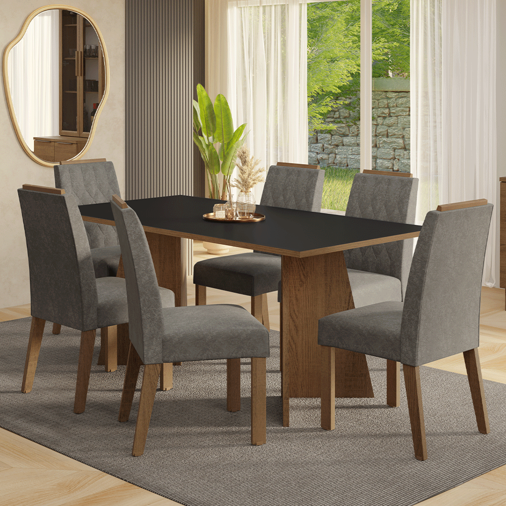 Juego de Comedor York con 6 Sillas Marrón/Negro/Plateado