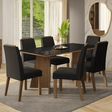 Juego de Comedor Siena con 6 Sillas - Tablero de Madera y Cristal Marrón/Negro/Oxford