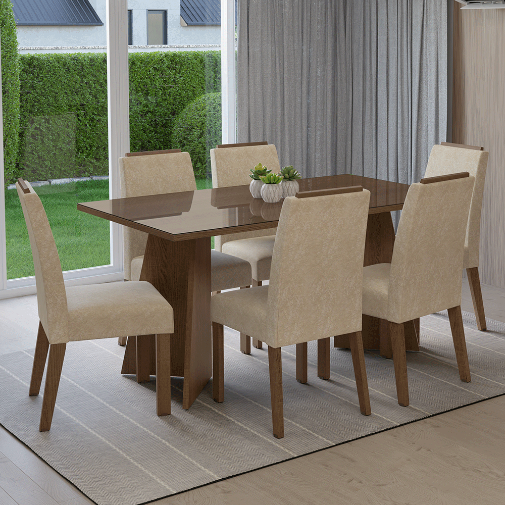 Juego de Comedor Madrid con 6 Sillas - Tablero de Madera y Cristal Marrón/Imperial