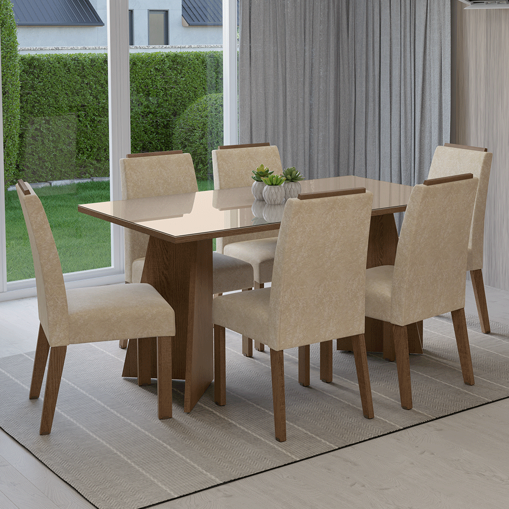 Juego de Comedor Madrid con 6 Sillas - Tablero de Madera y Cristal Marrón/Crema/Imperial