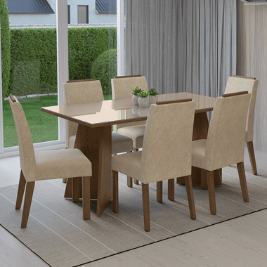 Juego de Comedor Madrid con 6 Sillas - Tablero de Madera y Cristal Marrón/Crema/Imperial
