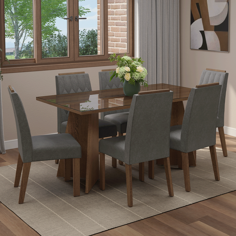Juego de Comedor Sintra con 6 Sillas - Tablero de Madera y Cristal Marrón/Plateado