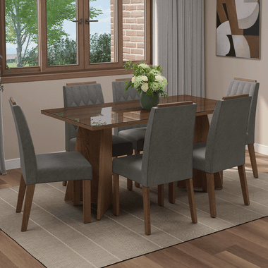 Juego de Comedor Sintra con 6 Sillas - Tablero de Madera y Cristal Marrón/Plateado