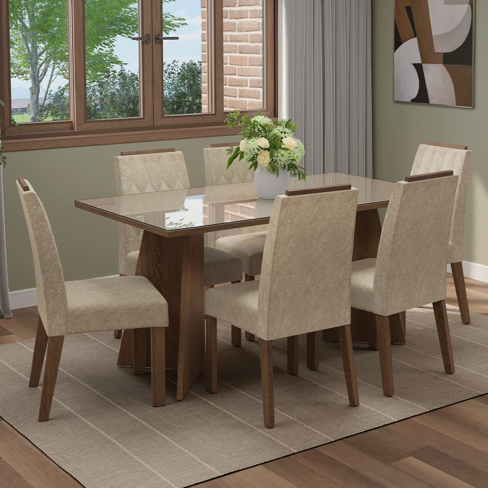 Juego de Comedor Sintra con 6 Sillas - Tablero de Madera y Cristal Marrón/Crema/Imperial