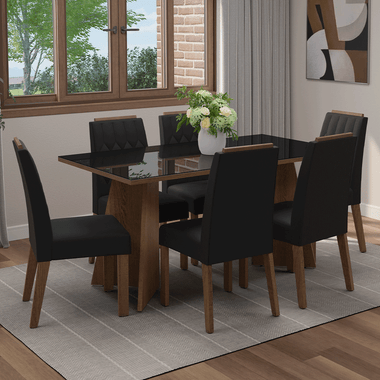 Juego de Comedor Sintra con 6 Sillas - Tablero de Madera y Cristal Marrón/Negro/Oxford