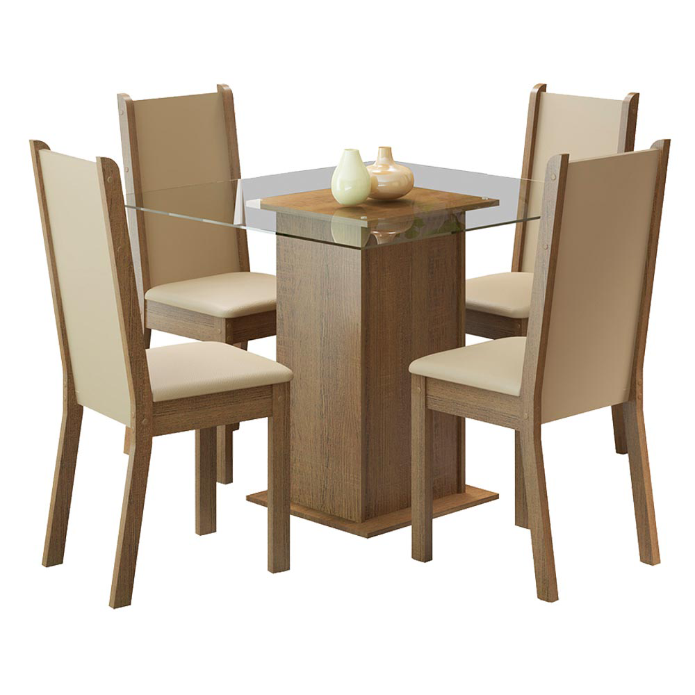 Juego de Comedor Aline con 4 Sillas - Encimera Cuadrada de Cristal Marrón/Crema/Beige