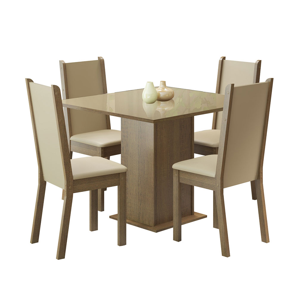 Juego de Comedor Moscou Plus con 4 Sillas - Tablero de Madera y Cubierta de Cristal