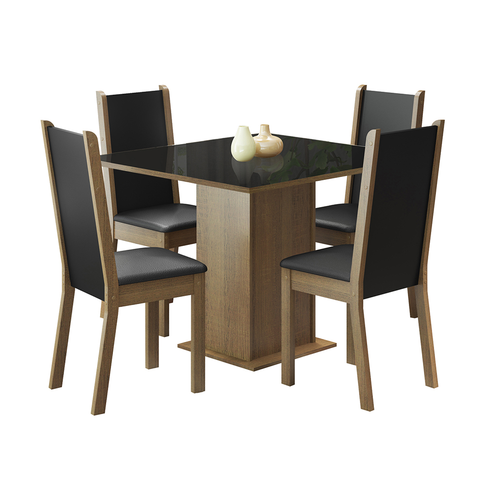 Juego de Comedor Moscou Plus con 4 Sillas - Tablero de Madera y Cubierta de Cristal Marrón/Negro