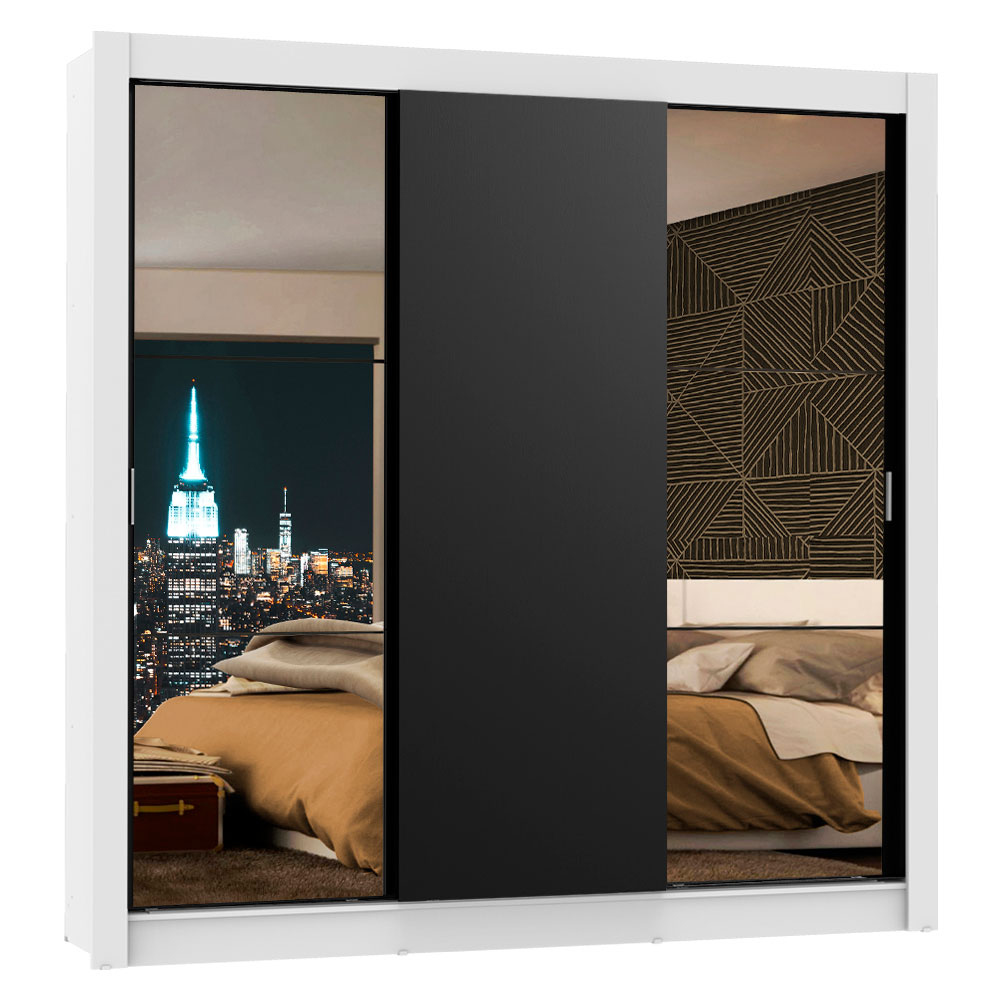 Clóset Monaco 3 Puertas Corredizas 2 Espejos Blanco/Negro 170 cm x 205 cm x 51 cm