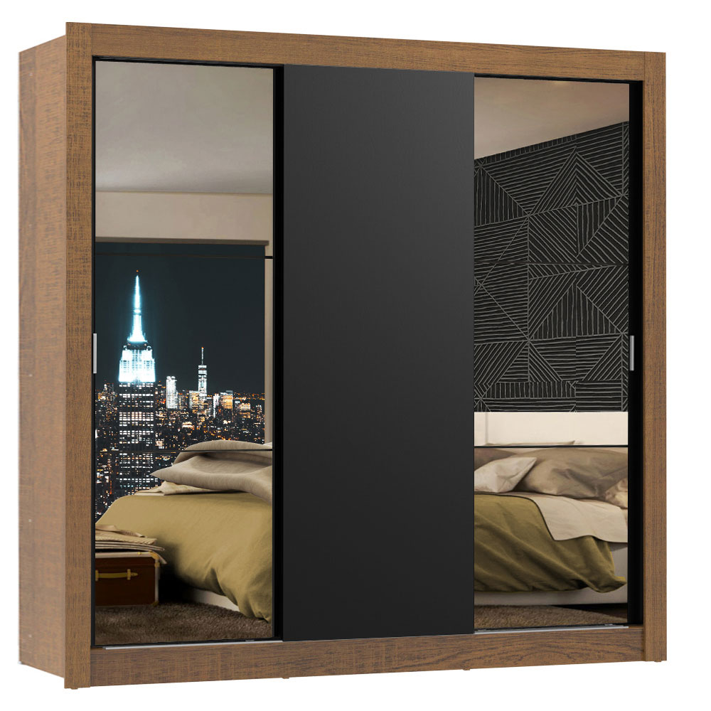 Clóset Monaco 3 Puertas Corredizas 2 Espejos Marrón/Negro 170 cm x 205 cm x 51 cm