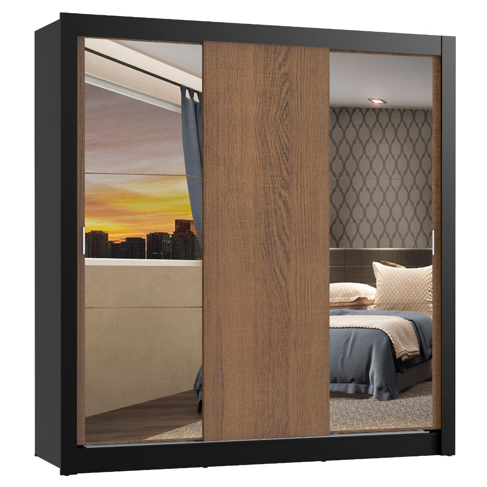 Clóset Monaco 3 Puertas Corredizas 2 Espejos Negro/Marrón 170 cm x 205 cm x 51 cm