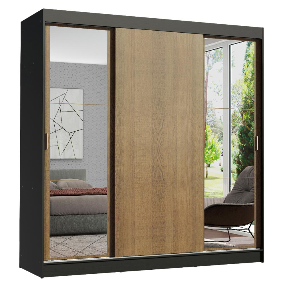 Clóset Reno 3 Puertas Corredizas 2 Espejos Negro/Marrón 180 cm x 205 cm x 54 cm