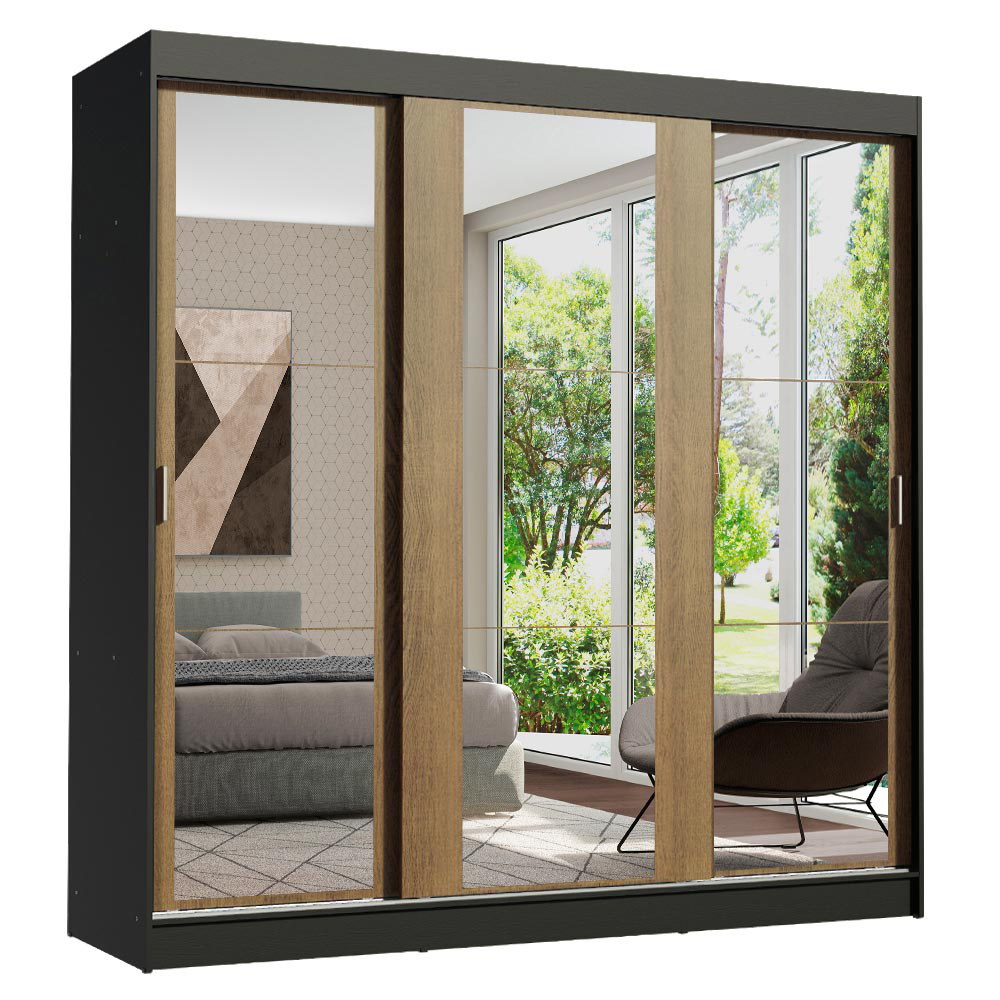 Clóset Reno 3 Puertas Corredizas con Espejos Negro/Marrón 180 cm x 205 cm x 54 cm