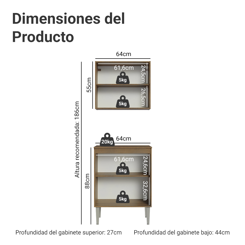 Kit Mueble de Cocina Superior y Mueble Bajo Emilly 64 cm