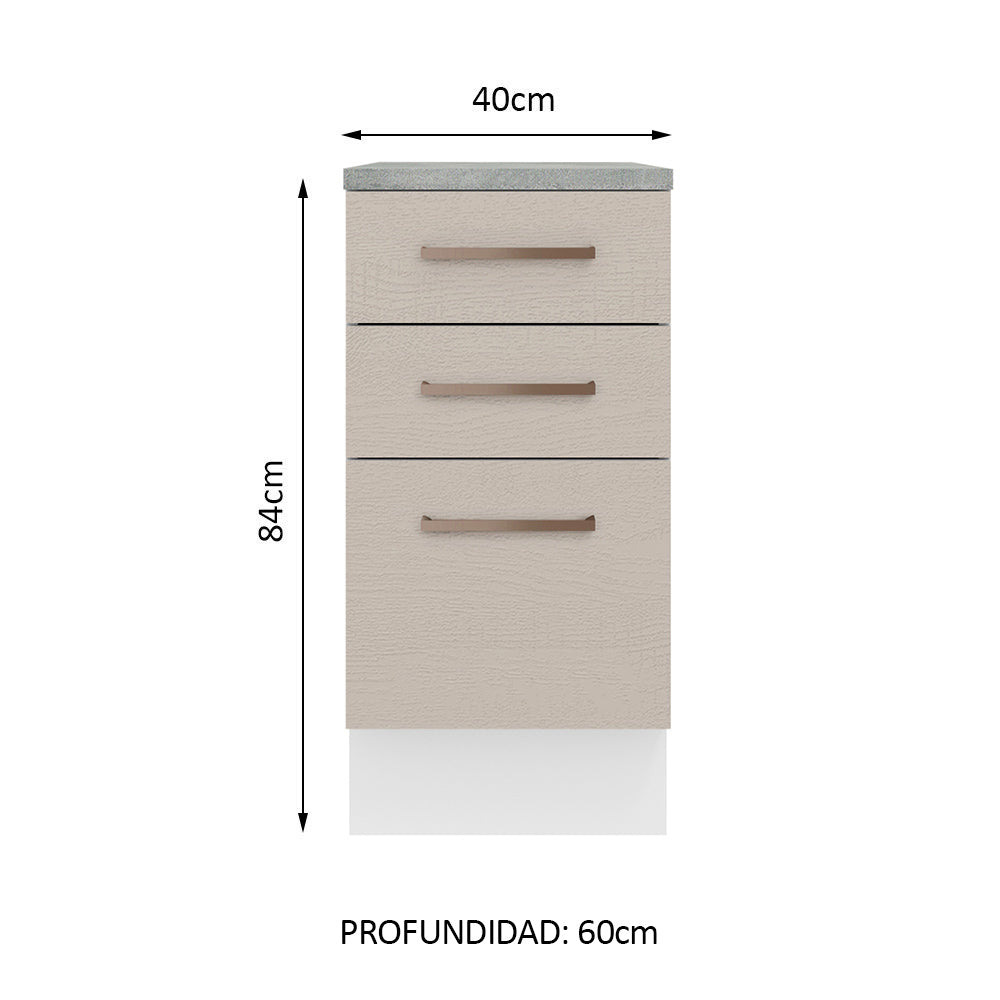 Mueble de Cocina Bajo Agata 3 Cajones 40 cm x 60 cm con Encimera Blanco/Crema
