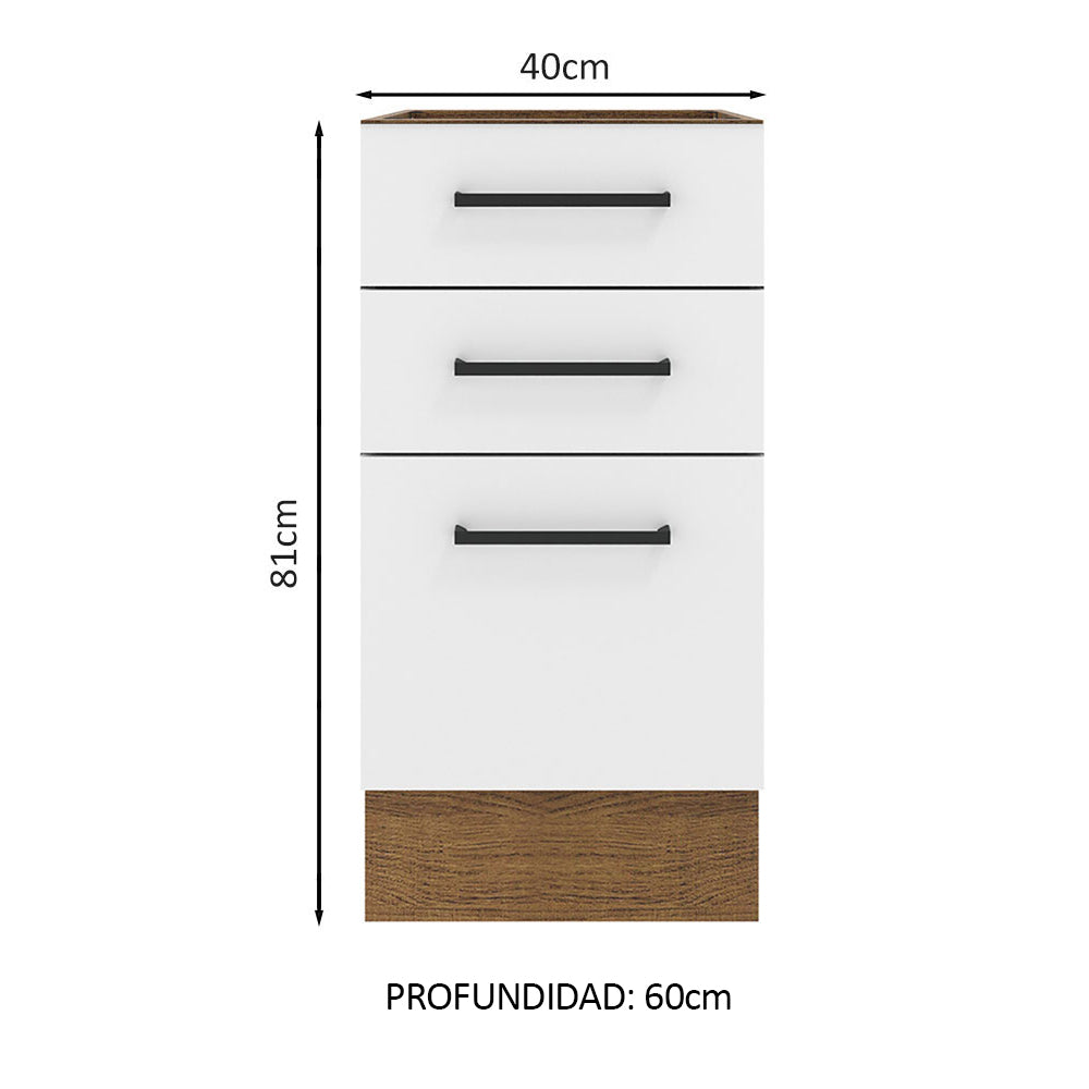 Mueble de Cocina Bajo Agata 3 Cajones 40 cm x 60 cm sin Encimera Marrón/Blanco