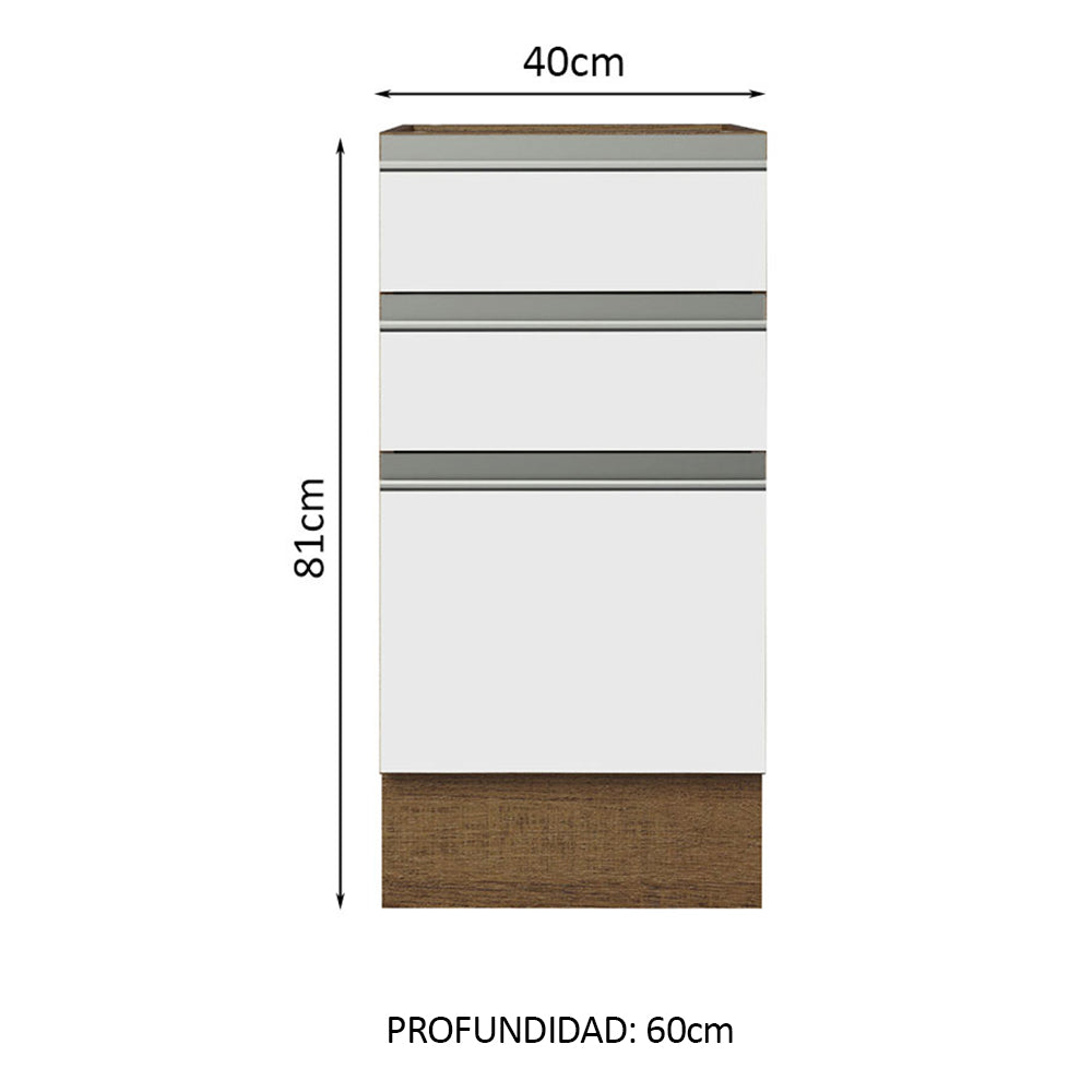 Mueble de Cocina Bajo Glamy 3 Cajones 40 cm x 60 cm sin Encimera Marrón/Blanco