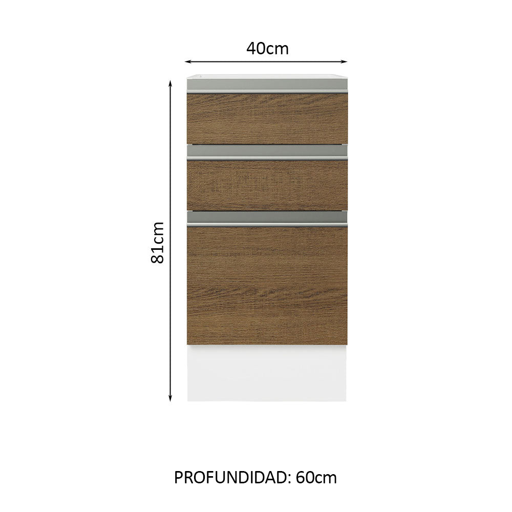 Mueble de Cocina Bajo Glamy 3 Cajones 40 cm x 60 cm sin Encimera Blanco/Marrón