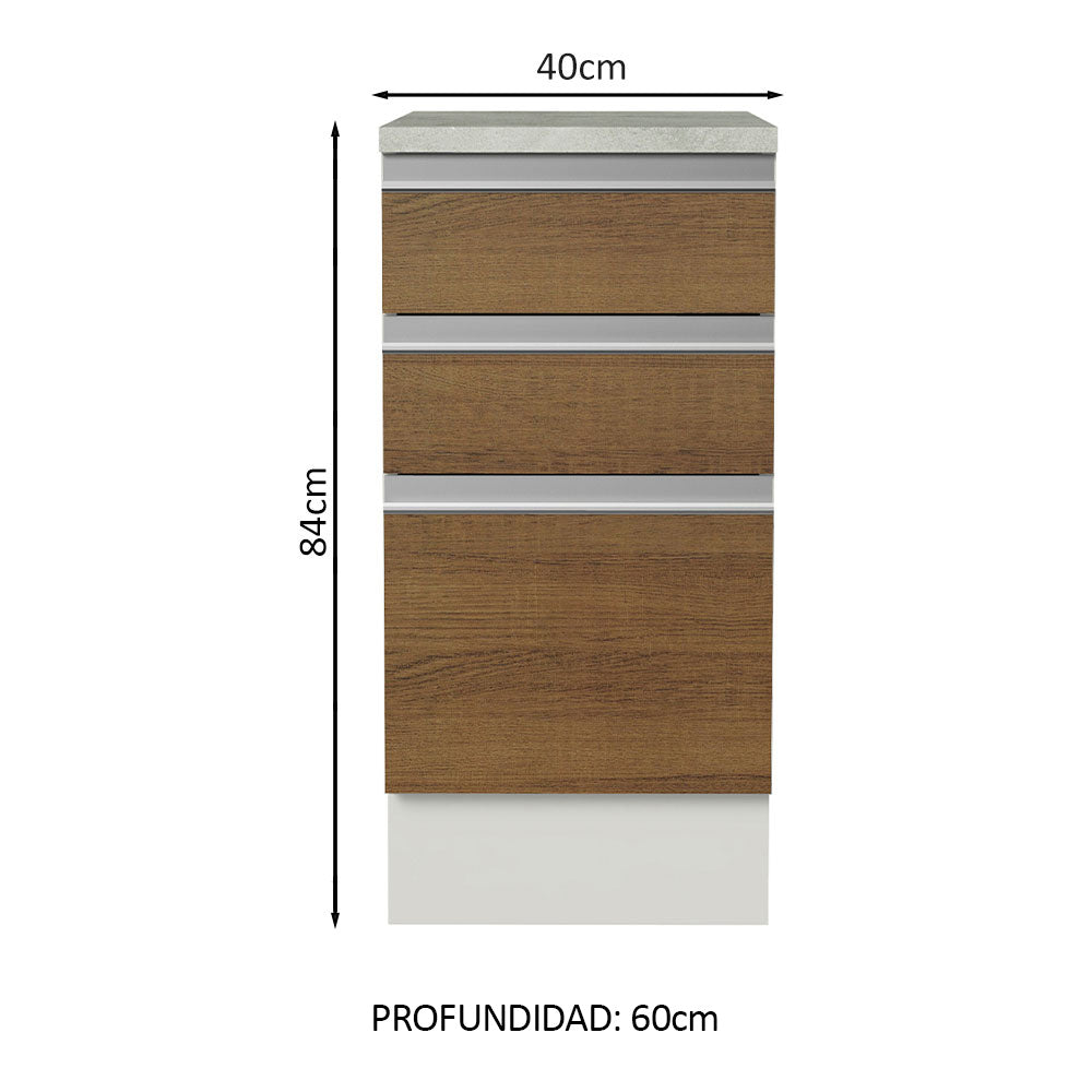 Mueble de Cocina Bajo Glamy 3 Cajones 40 cm x 60 cm con Encimera Blanco/Marrón