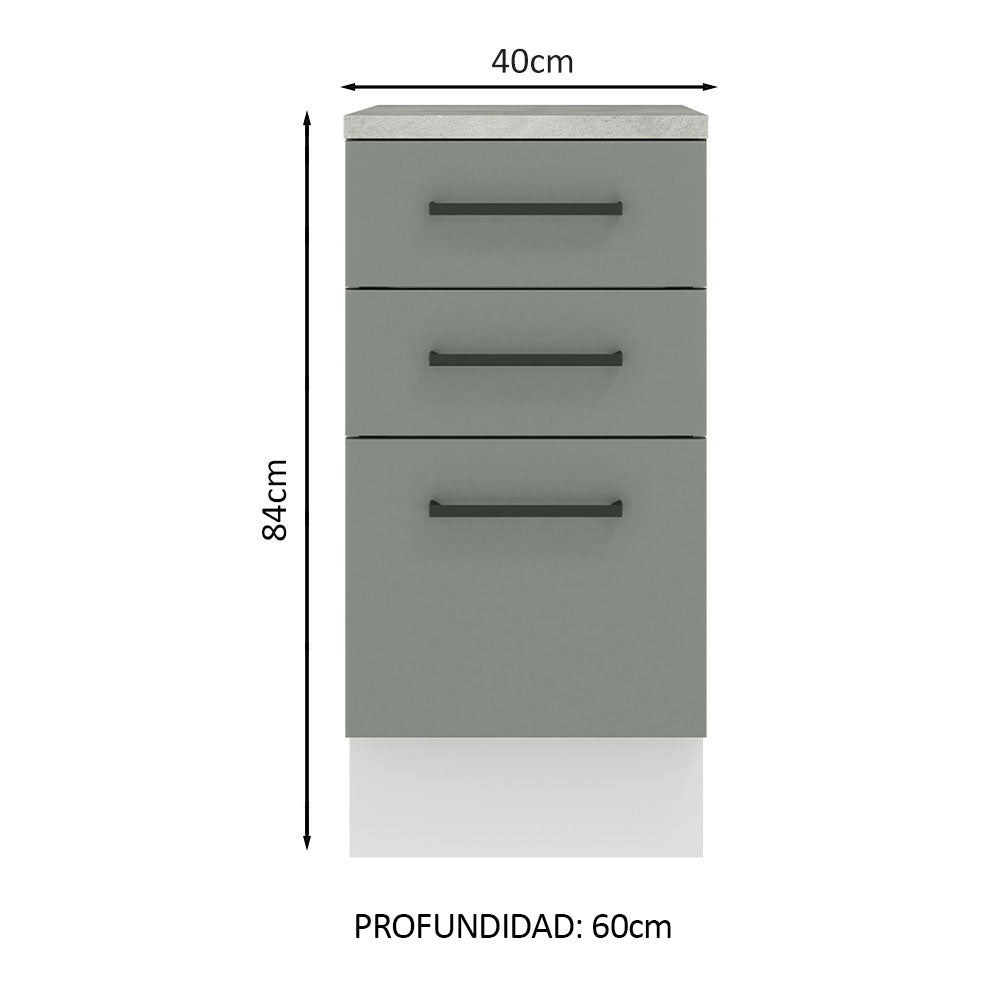 Mueble de Cocina Bajo Agata 3 Cajones 40 cm x 60 cm con Encimera Blanco/Gris