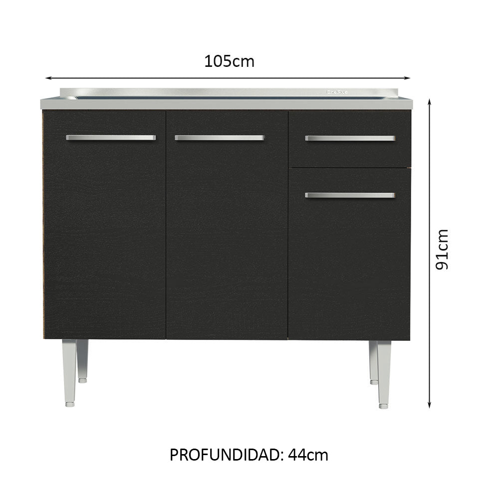 Mueble de Cocina Bajo Emilly 1.05 m con Mesón de Acero Marrón/Negro