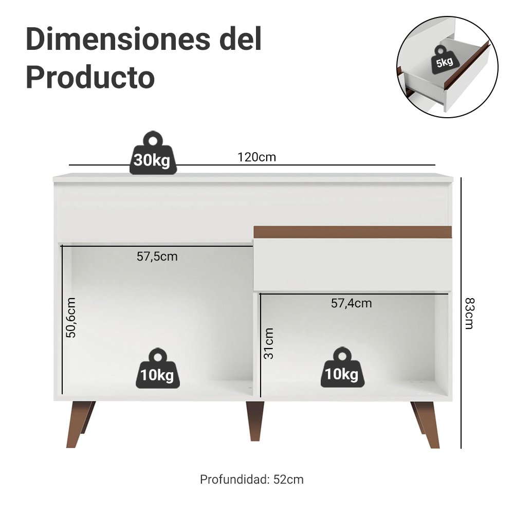 Mueble de Cocina Bajo Reims 1.20 m 2 Puertas 1 Cajón con Encimera Blanco