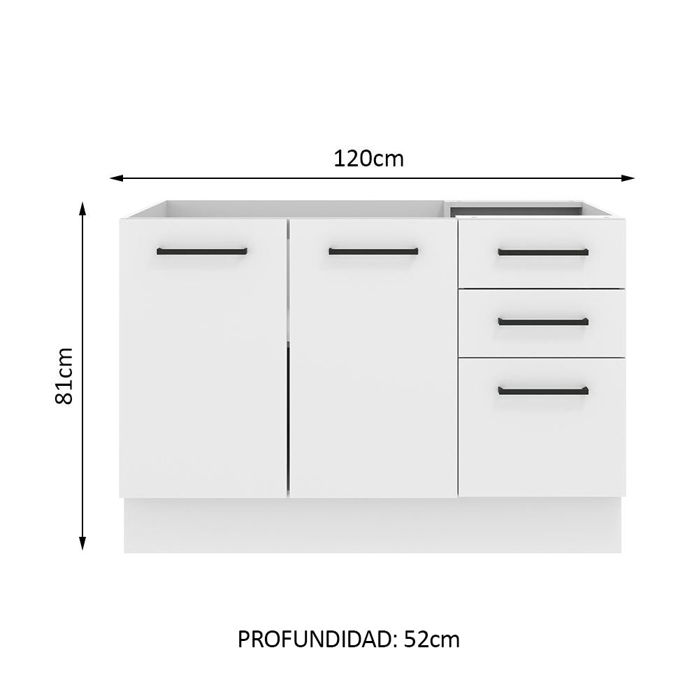 Mueble de Cocina Bajo Agata 1.20 m 2 Puertas 3 Cajones Blanco