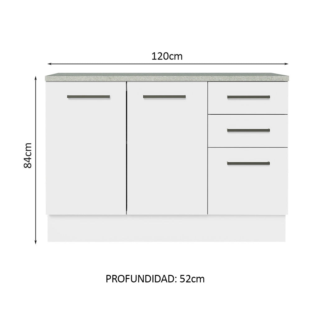 Mueble de Cocina Bajo Agata 1.20 m 2 Puertas 3 Cajones con Encimera Blanco