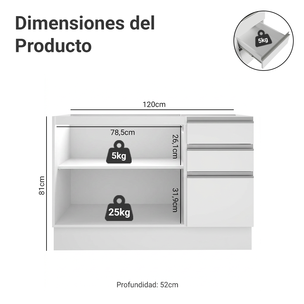 Mueble de Cocina Bajo Glamy 1.20 m 2 Puertas 3 Cajones Blanco