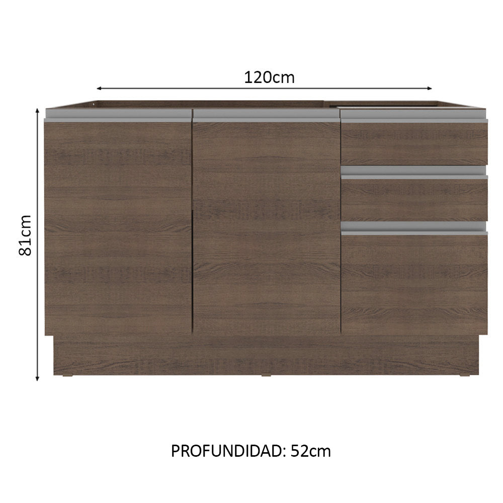 Mueble de Cocina Bajo Glamy 1.20 m 2 Puertas 3 Cajones Marrón