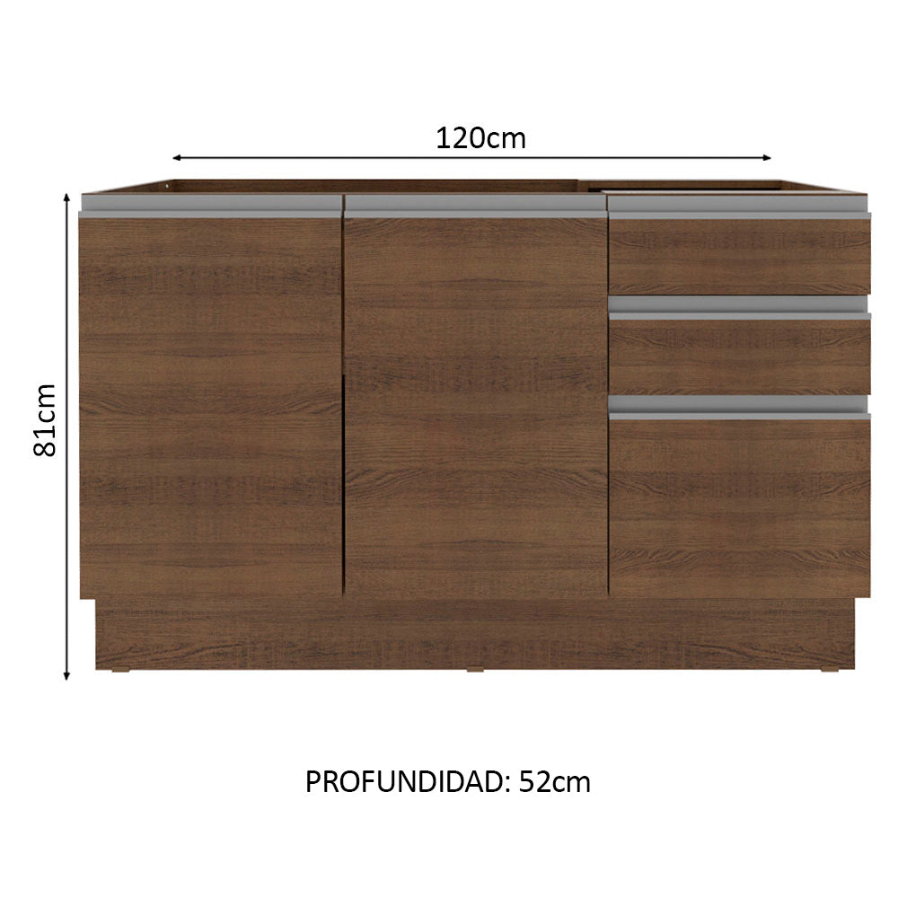Mueble de Cocina Bajo Glamy 1.20 m 2 Puertas 3 Cajones y Portacubiertos Marrón