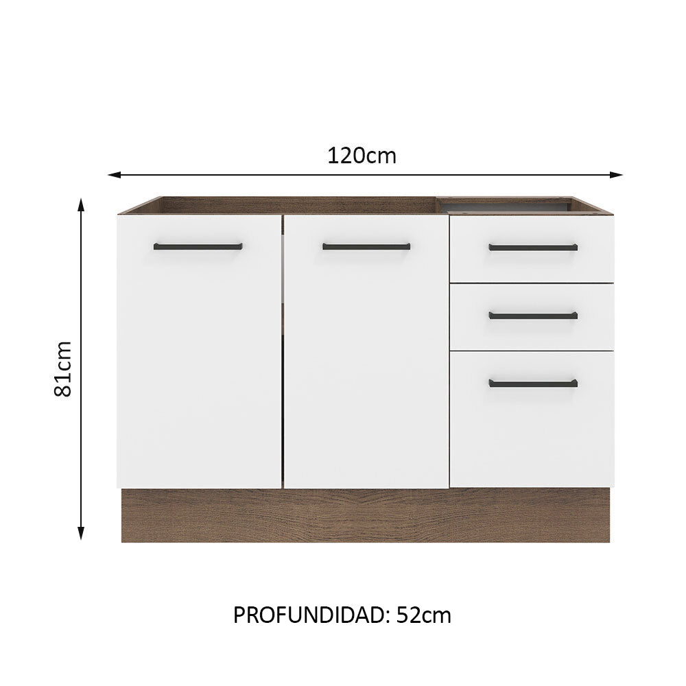 Mueble de Cocina Bajo Agata 1.20 m 2 Puertas 3 Cajones Marrón/Blanco