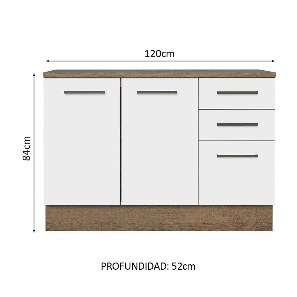 Mueble de Cocina Bajo Agata 1.20 m 2 Puertas 3 Cajones con Encimera Marrón/Blanco