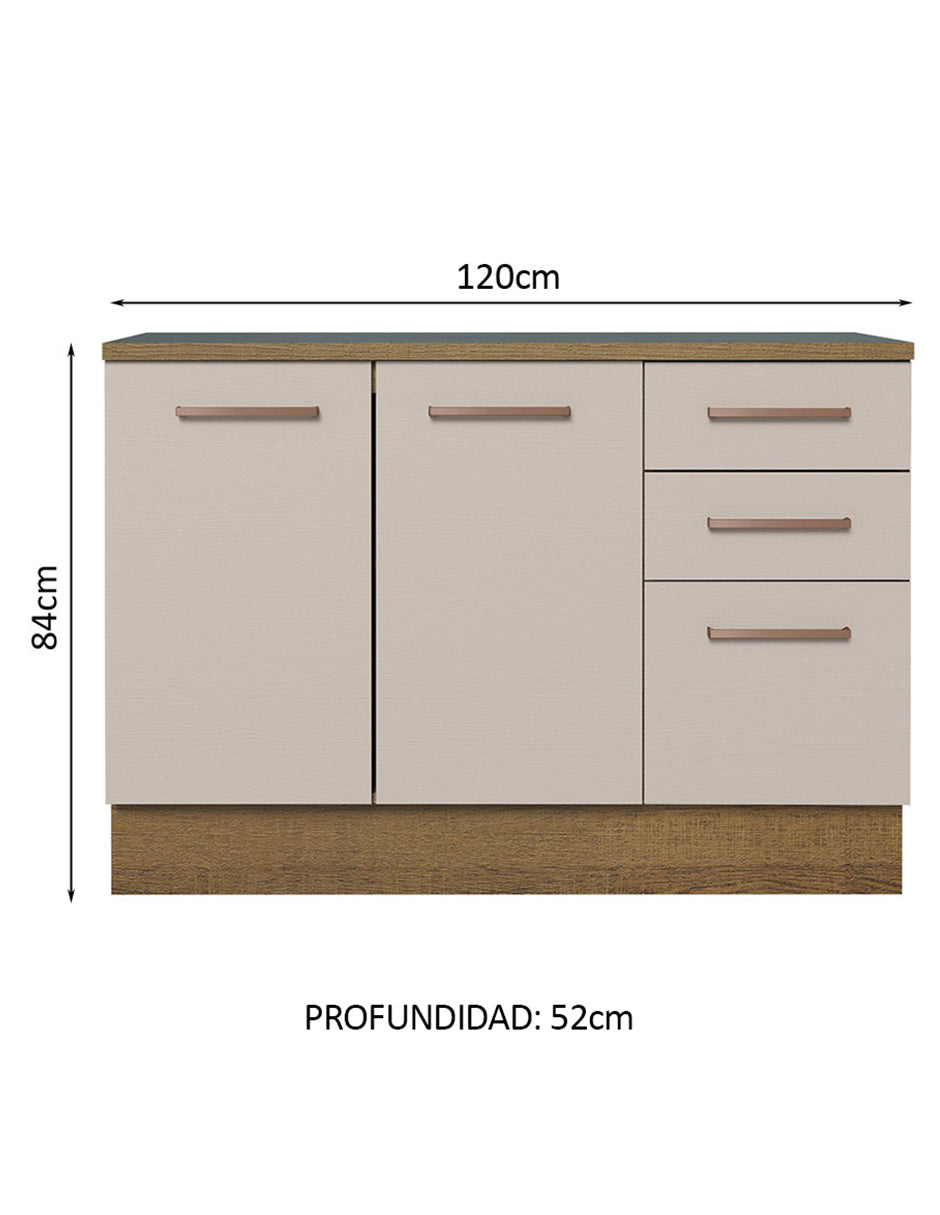 Mueble de Cocina Bajo Agata 1.20 m 2 Puertas 3 Cajones con Encimera Marrón/Crema