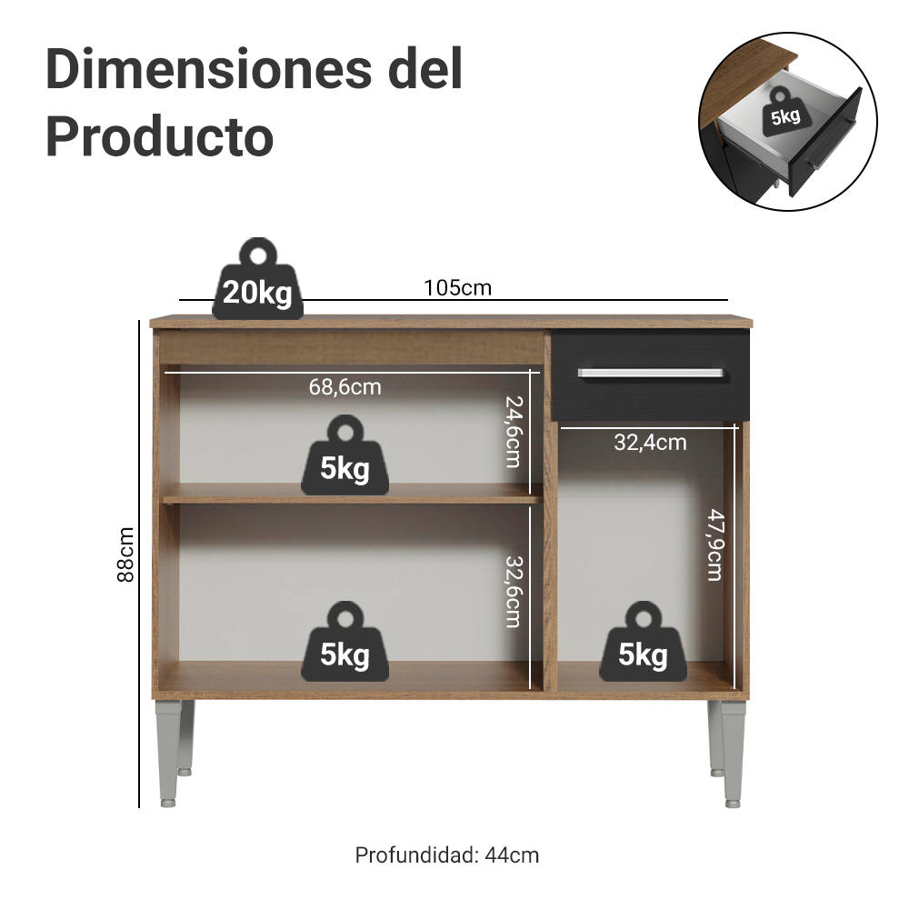 Mueble de Cocina Emilly 1.05 m 3 Puertas 1 Cajón con Encimera de MDP