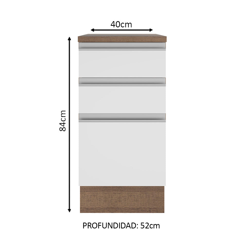 Mueble de Cocina Bajo Glamy 40 cm 3 Cajones Marrón/Blanco