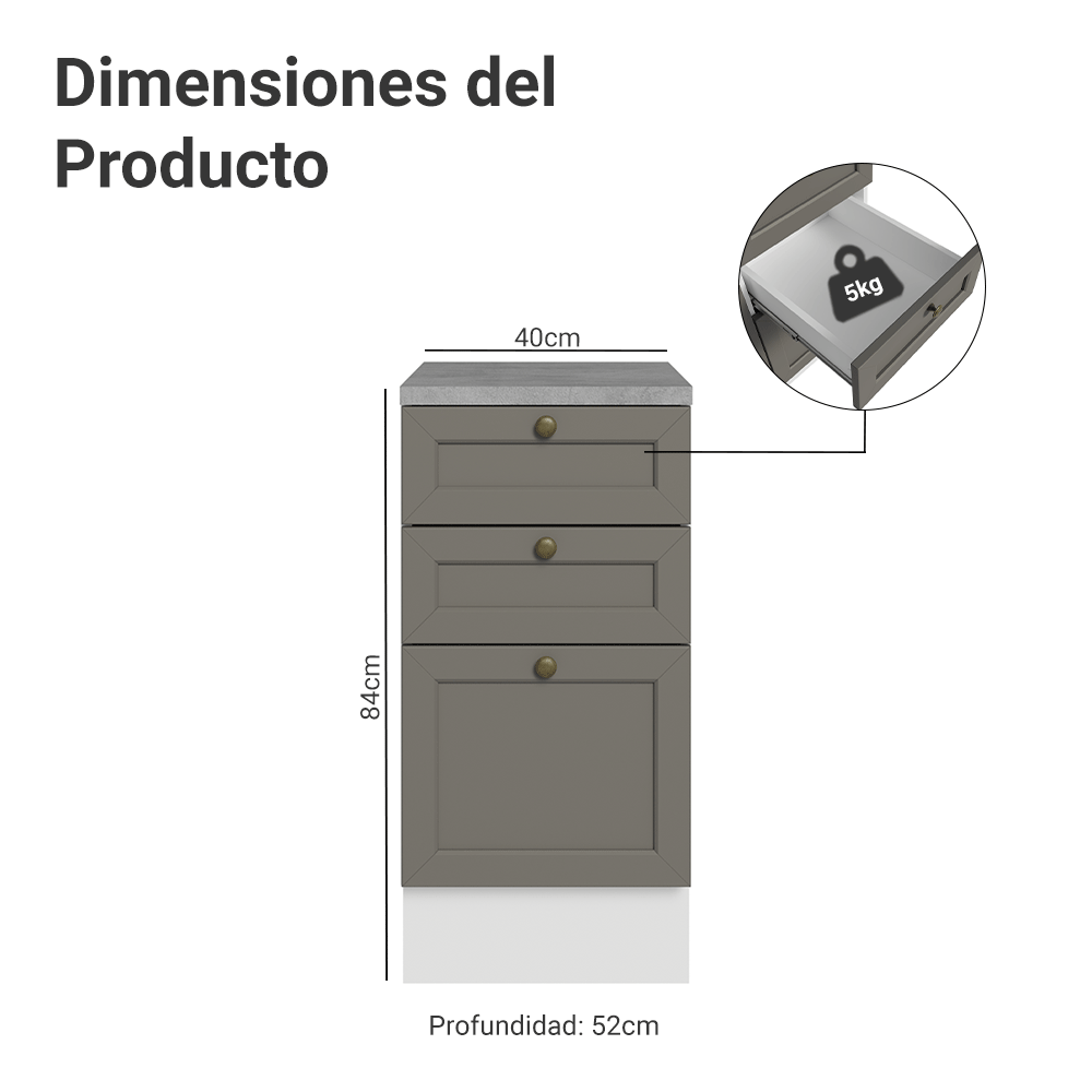 Mueble de Cocina Bajo Vik 40 cm 3 Cajones Blanco/Gris