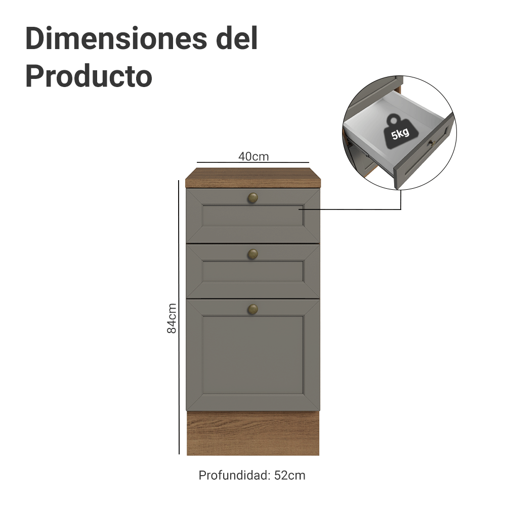 Mueble de Cocina Bajo Vik 40 cm 3 Cajones Marrón/Gris