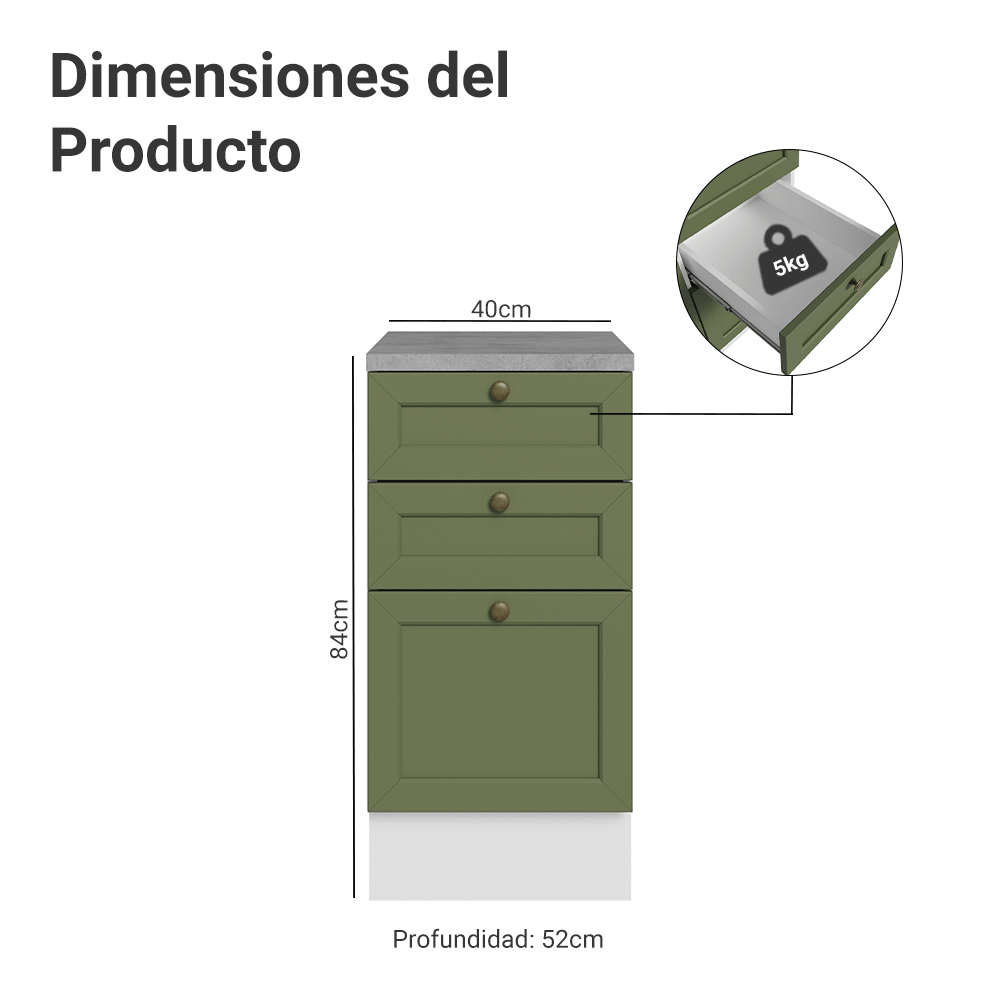 Mueble de Cocina Bajo Vik 40 cm 3 Cajones Blanco/Verde