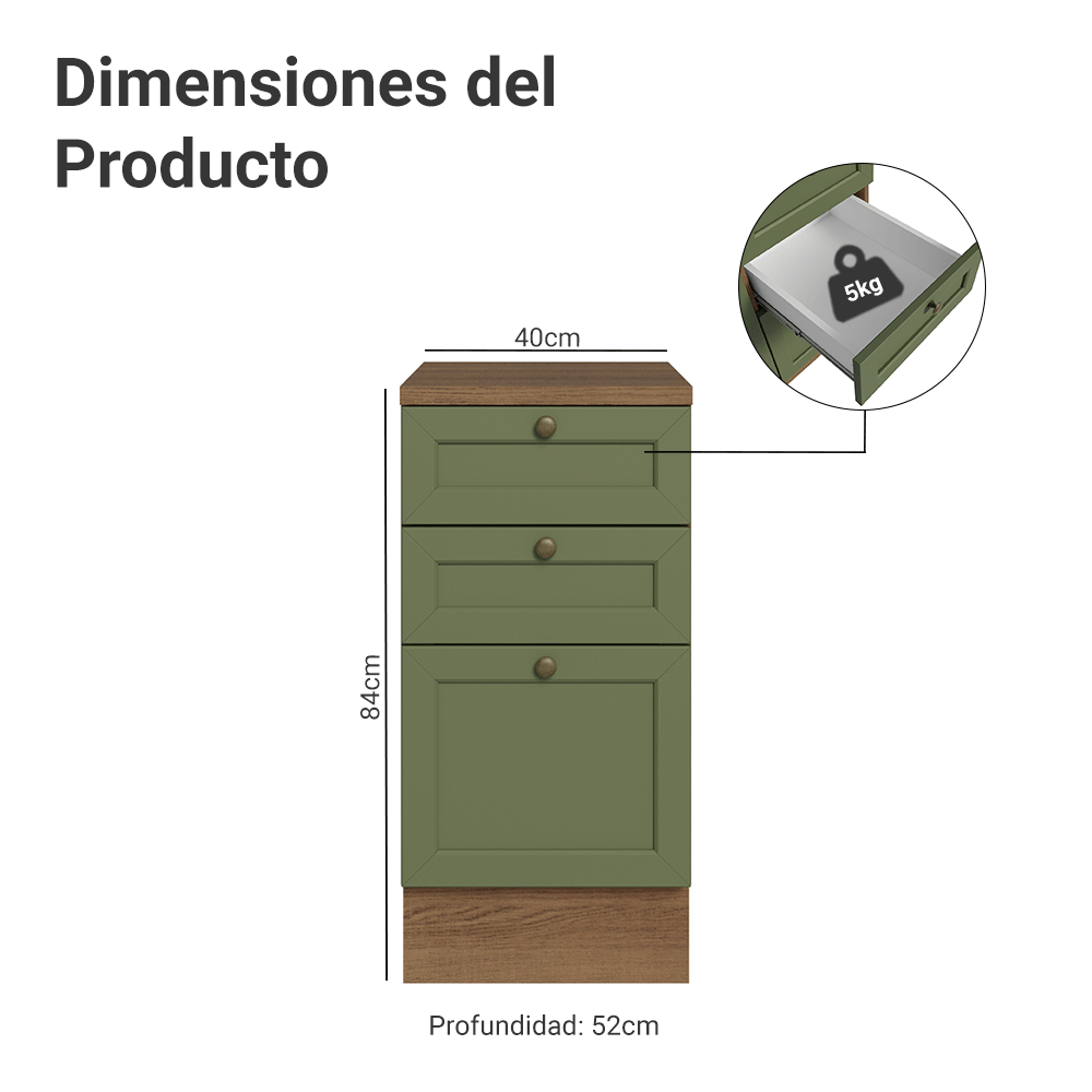 Mueble de Cocina Bajo Vik 40 cm 3 Cajones Marrón/Verde