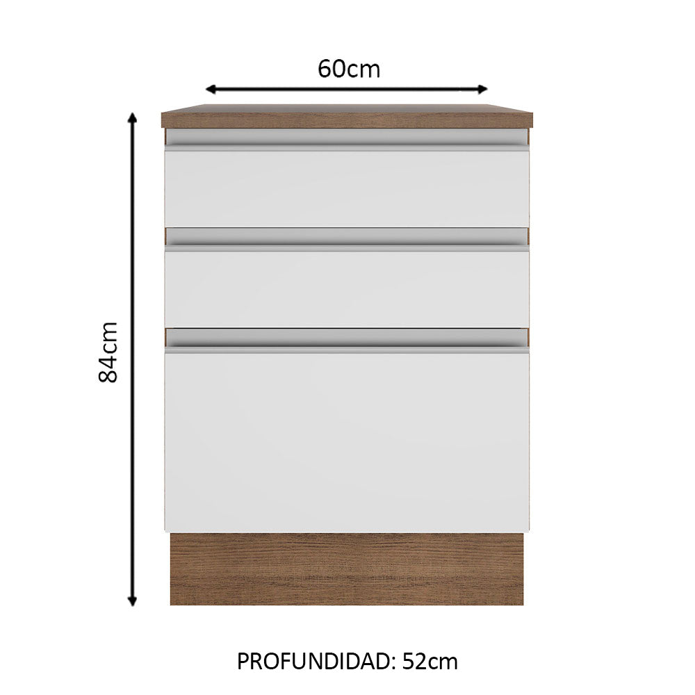 Mueble de Cocina Bajo Glamy 60 cm 3 Cajones Marrón/Blanco