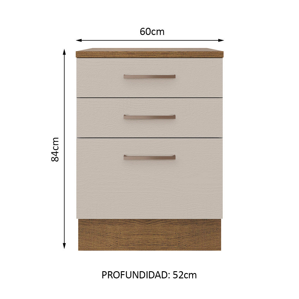 Mueble de Cocina Bajo Agata 60 cm 3 Cajones Marrón/Crema