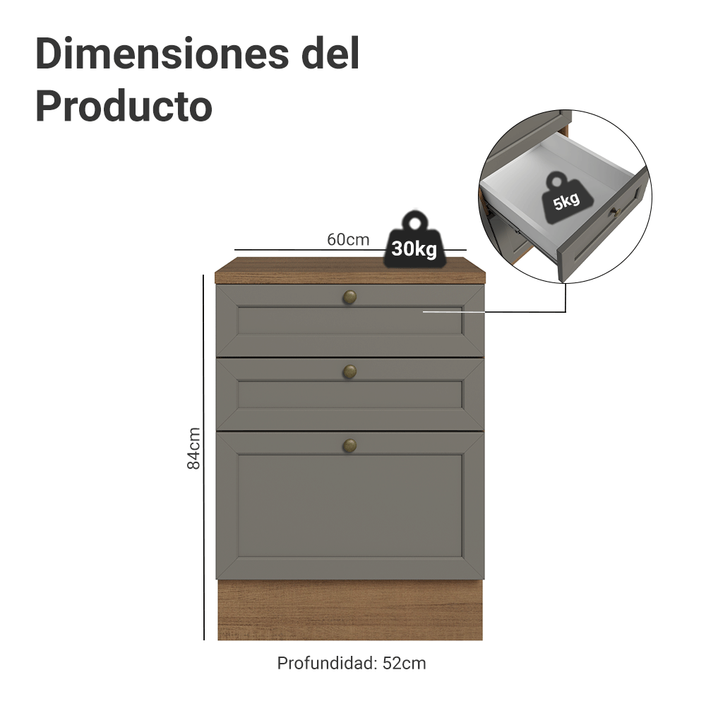 Mueble de Cocina Bajo Vik 60 cm 3 Cajones MarrónGris