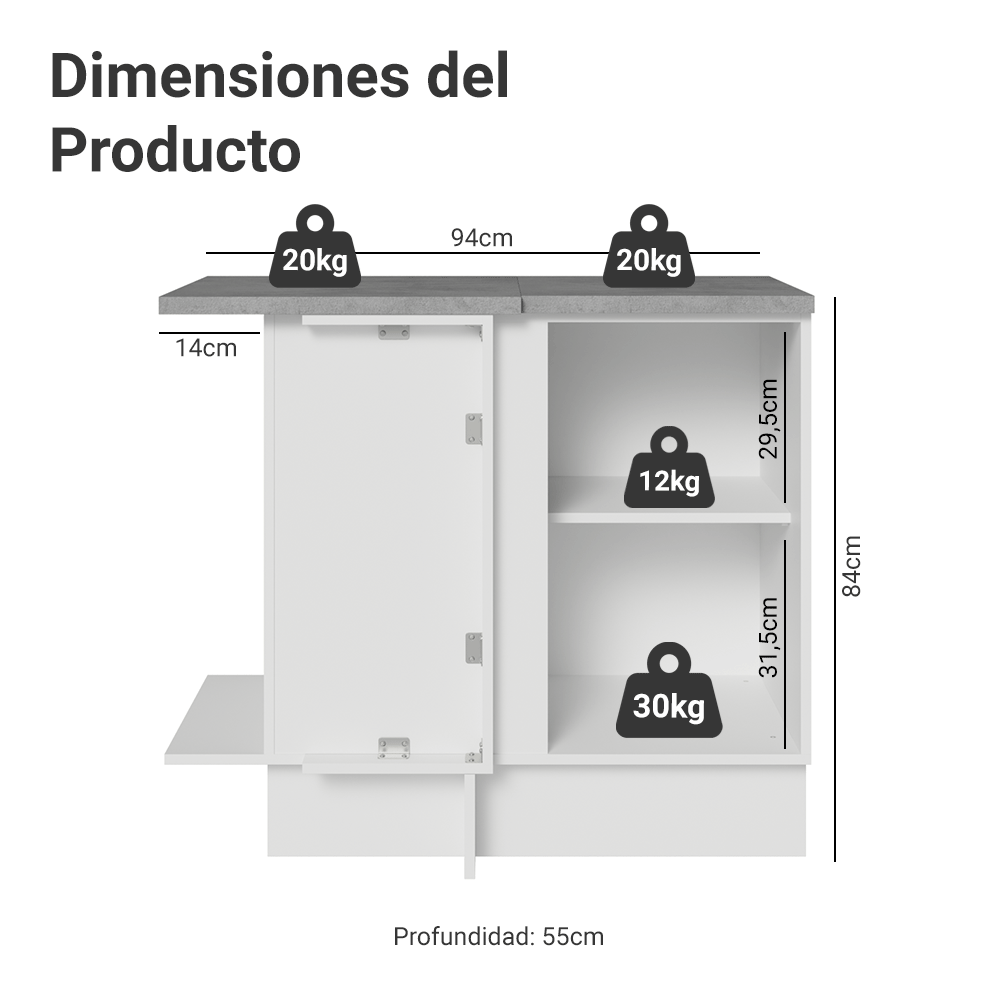 Mueble de Cocina Bajo de Esquina Glamy 1 Puerta Blanco