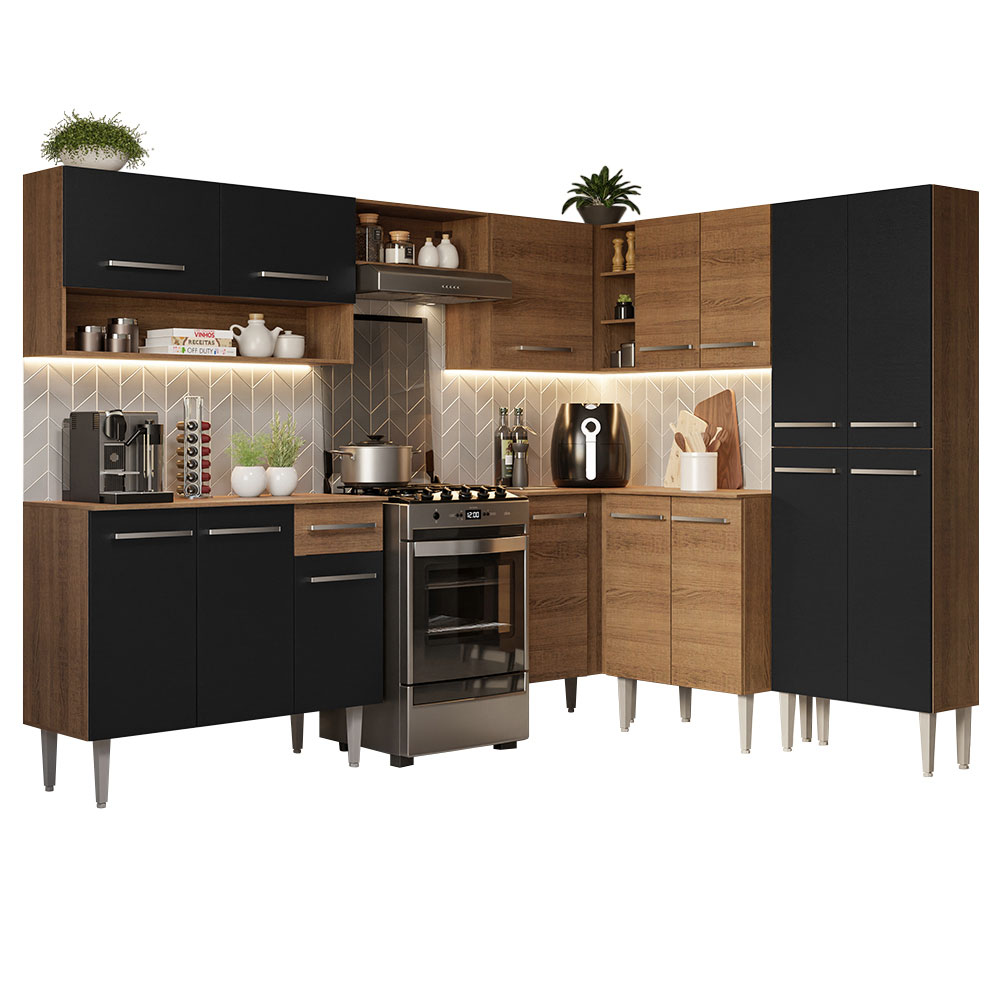 Cocina Integral de Esquina Emilly 4.20 m Marrón/Negro/Marrón 02